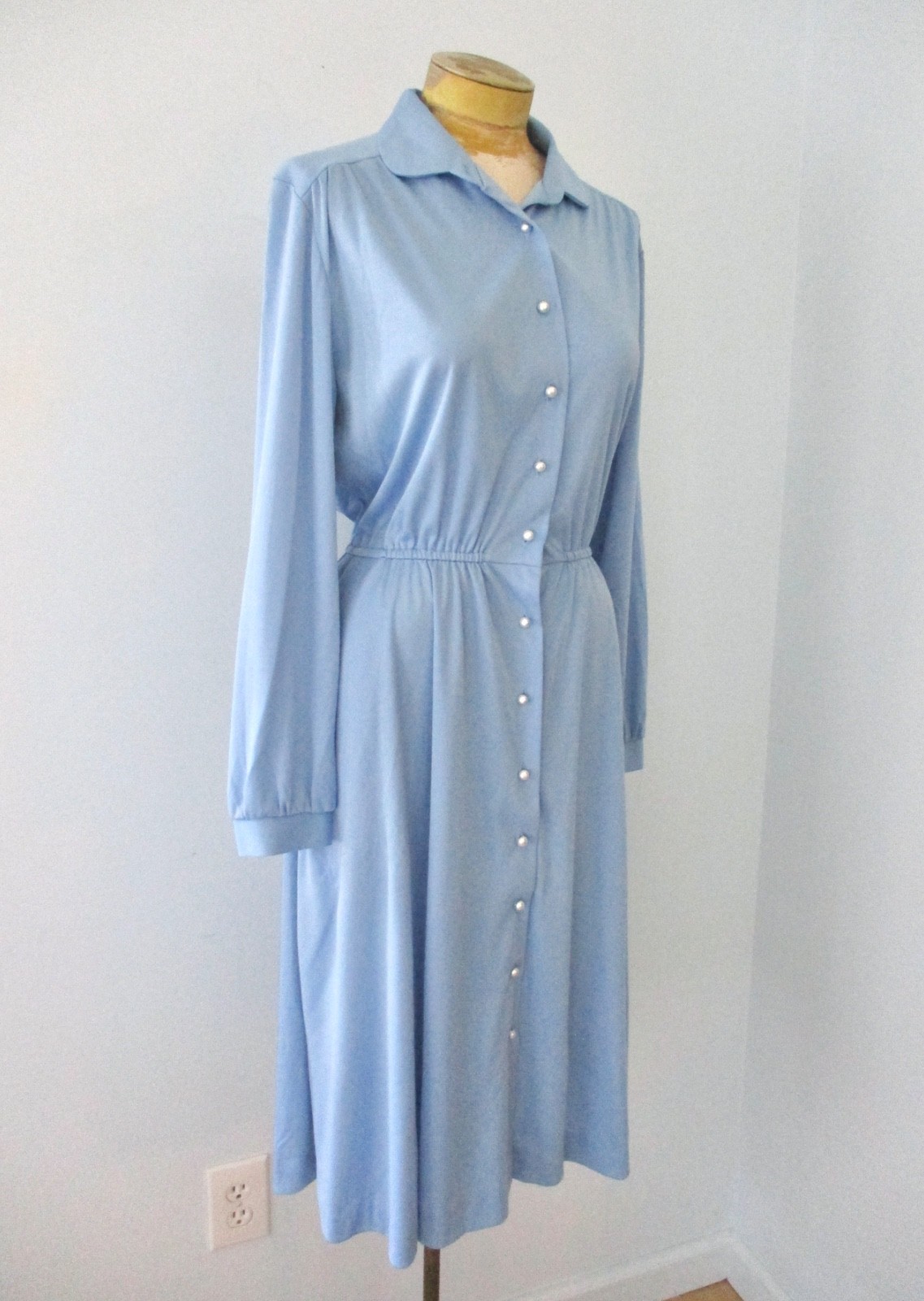 Vtg 70s Sears Cornflower Blue Poly Knit Disco Secretary Dress Hand Pockets 16