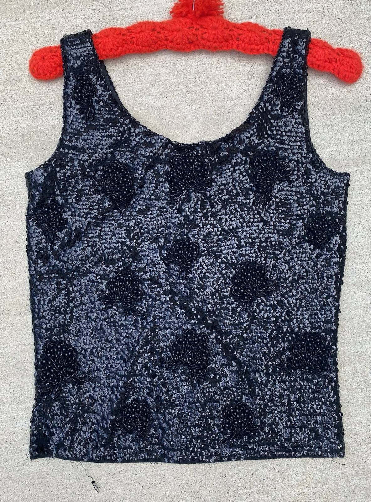 Black Sequin Beaded Wool Top Hong Kong Metal Zip Pinup Glam Tank S 50s 60s Vtg
