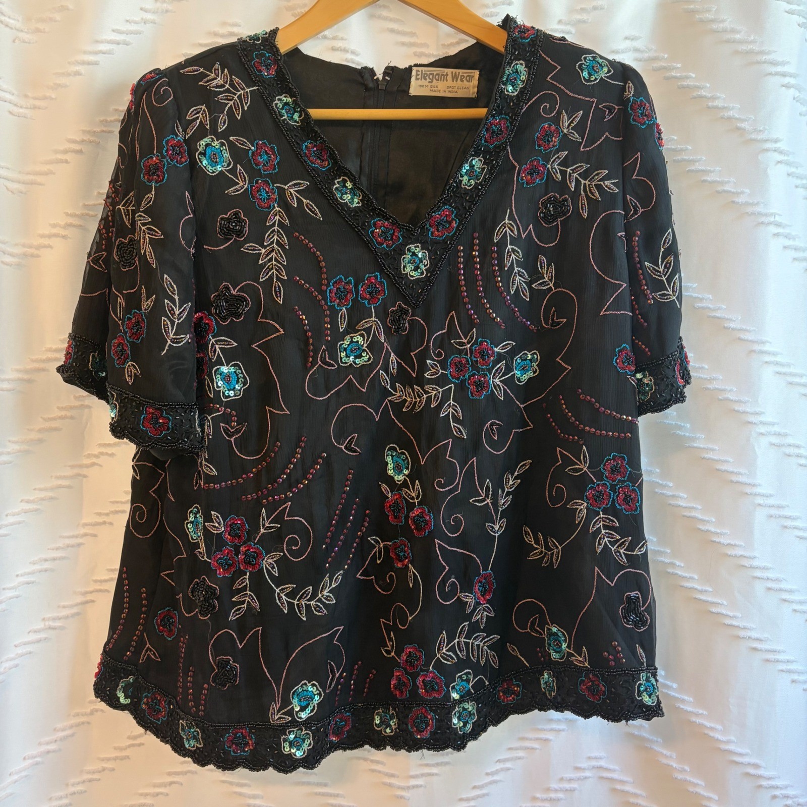Elegant Wear Vintage Black 100% Silk Beaded Sequin Floral V-Neck Blouse India