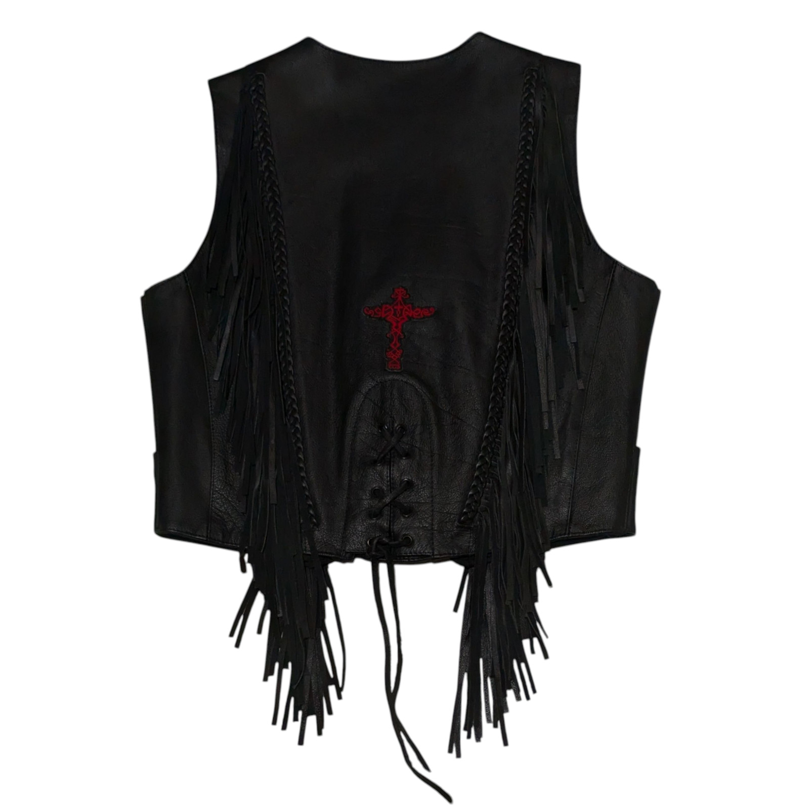 VTG Black Leather Fringe Vest Womens S Red Cross Lace Up Biker Baddie Edgy EUC