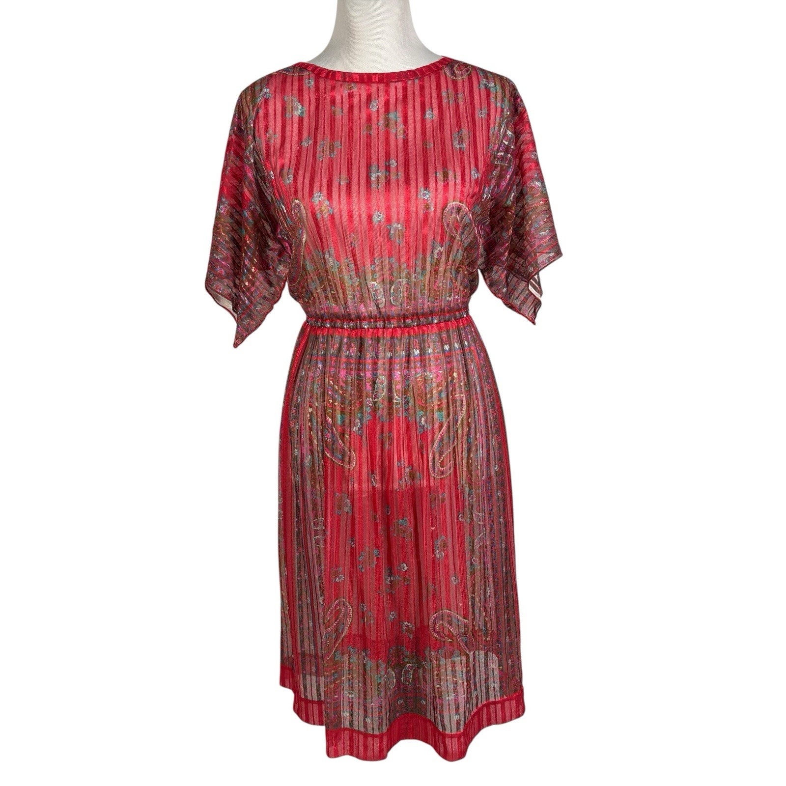 VTG 70’s 80’s Mary-Martin Florida Retro Hippie Paisley Red Striped Floral Dress
