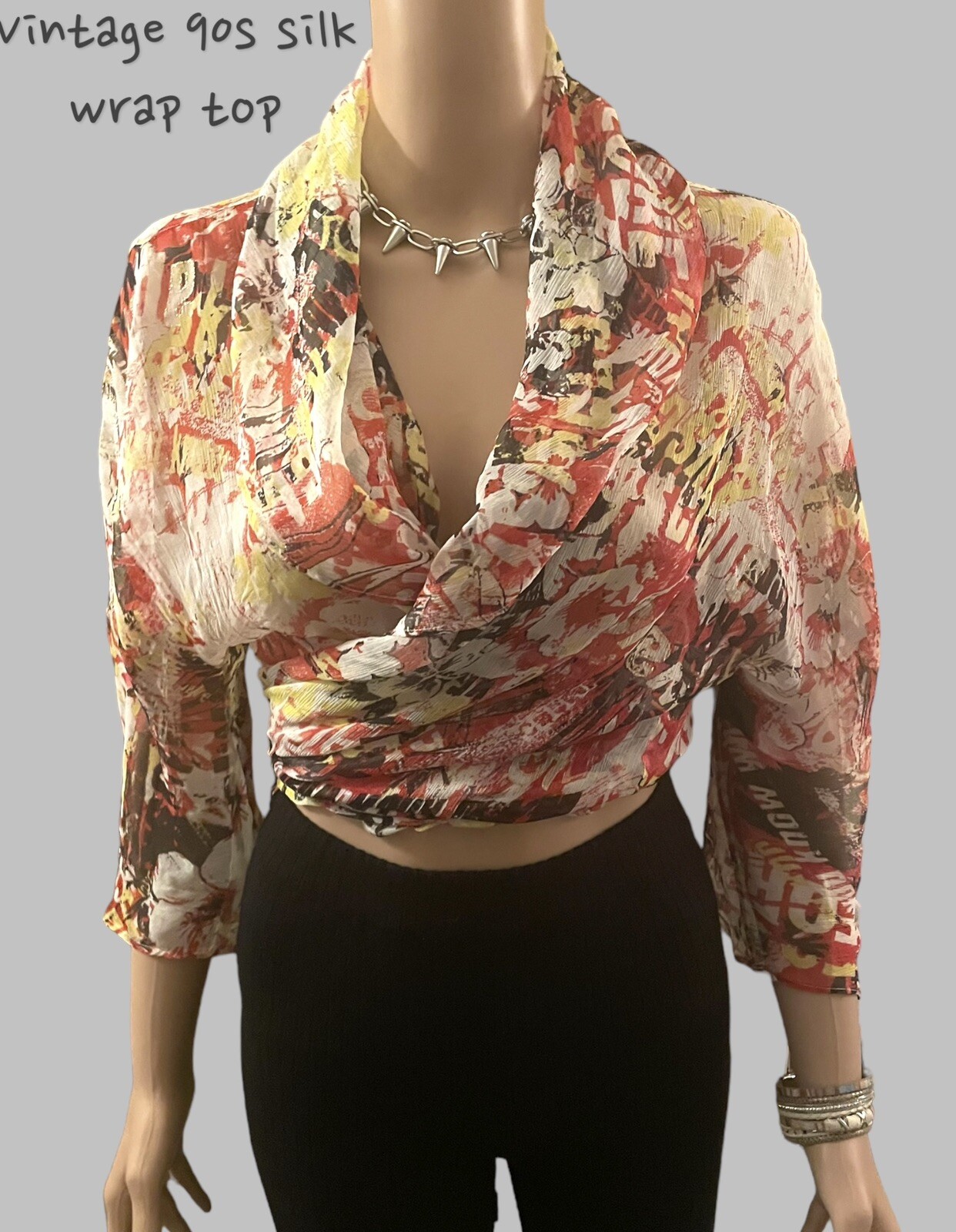 Pure Silk Wrap Top Vintage 90s Sheer Silk Crepe Gold Gossamer Detail Size Small