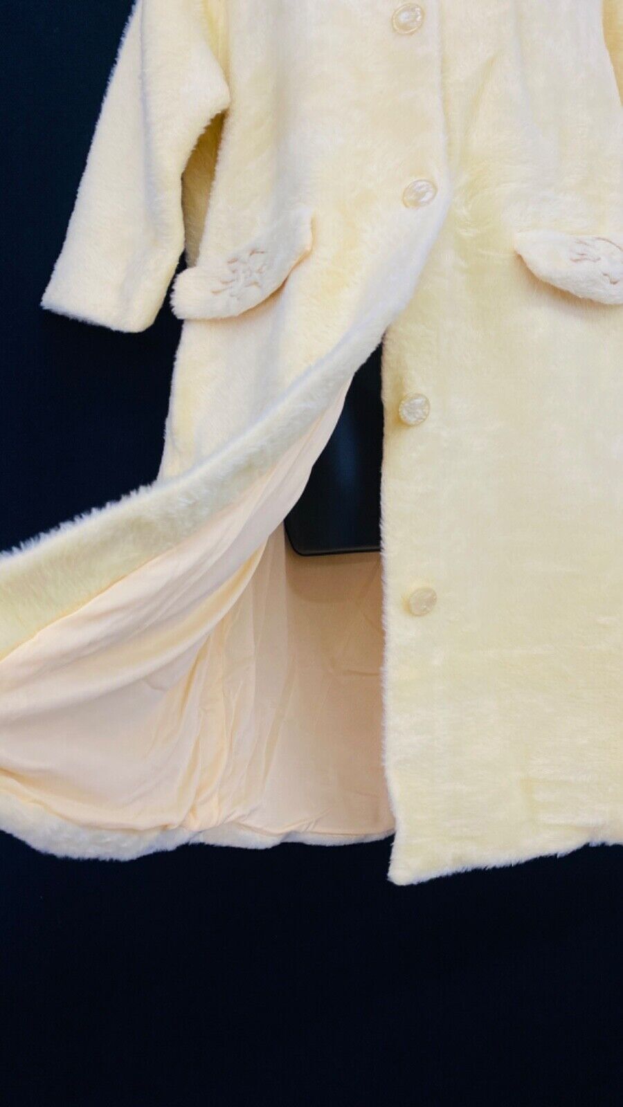 Vintage 1960s light yellow plush robe, ivory fuzzy house coat NOS deadstock S