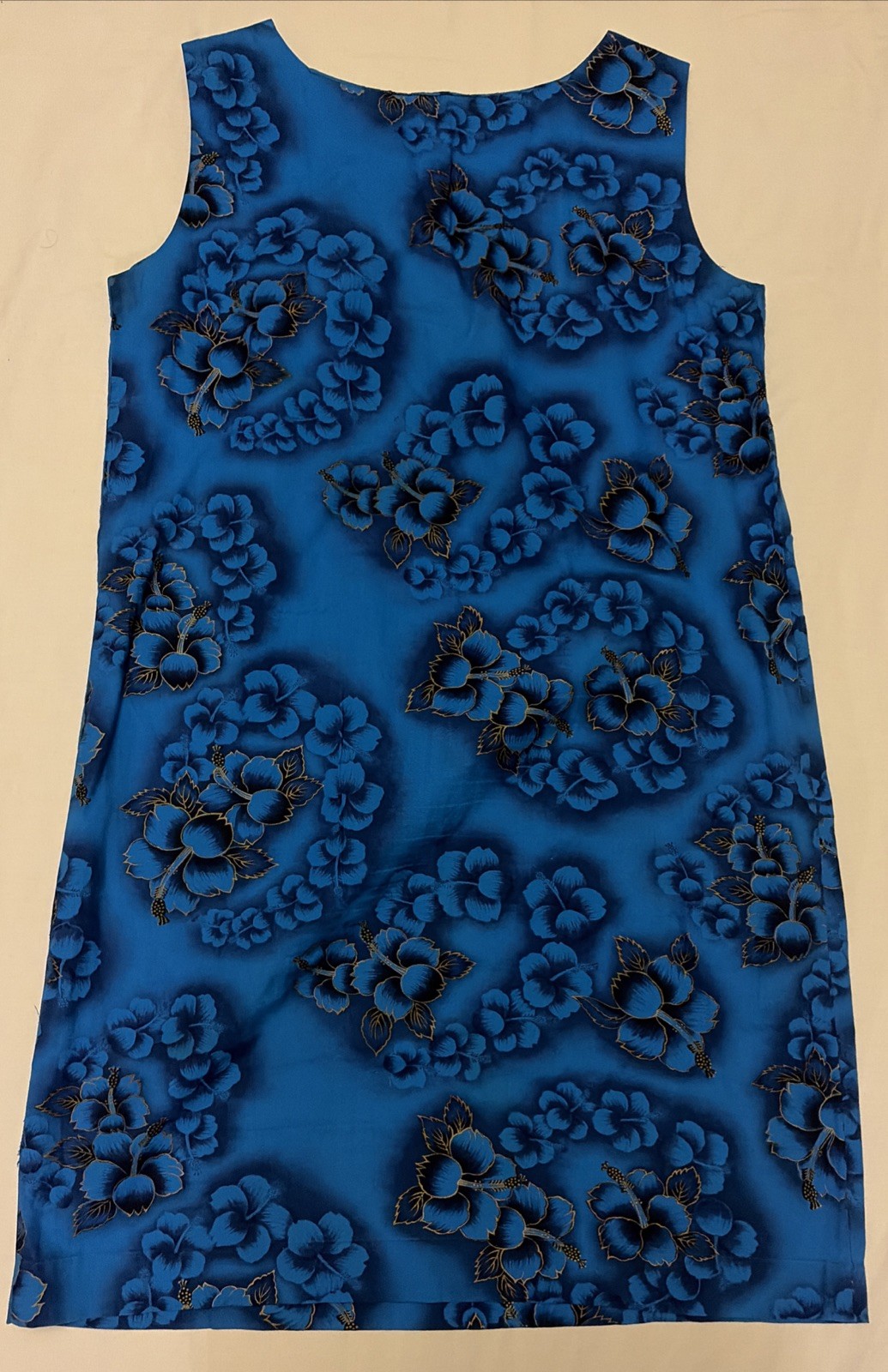 Ui-Maikai 70s Blue Floral Barkcloth Hawaian Tiki Cotton Dress/Sheath w/Pocket-M?