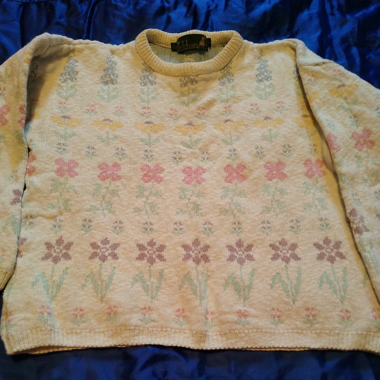 Vintage TULCHAN Cotton Pullover SweaterPastel Multicolor Sz M Blue YellowPink…