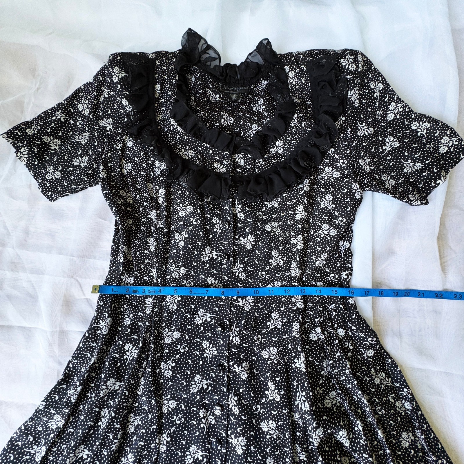 Vintage 90s Nostalgia Black Floral Print Prairie Dress, Rayon, Size M 11/12
