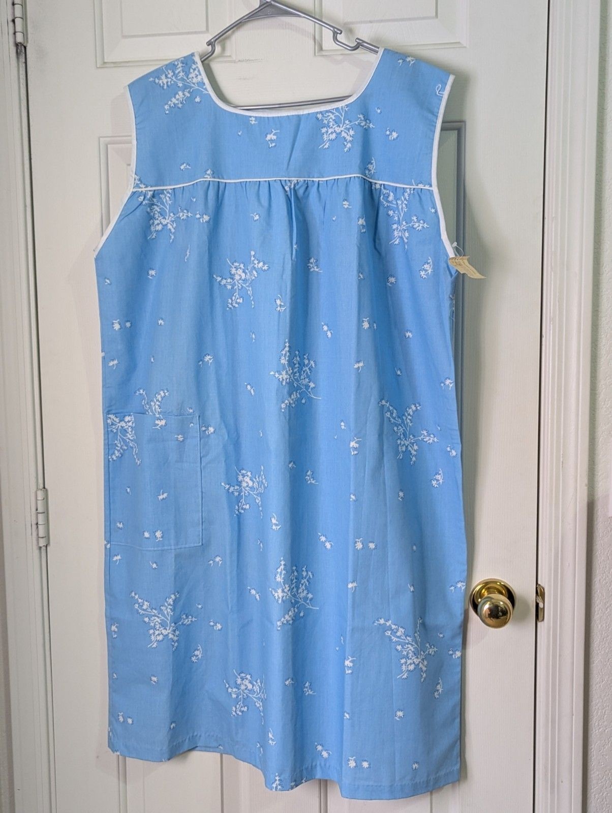 VTG Sleeveless Summer Nightgown Shift House Dress XXXL Blue Floral Pocket Ruched