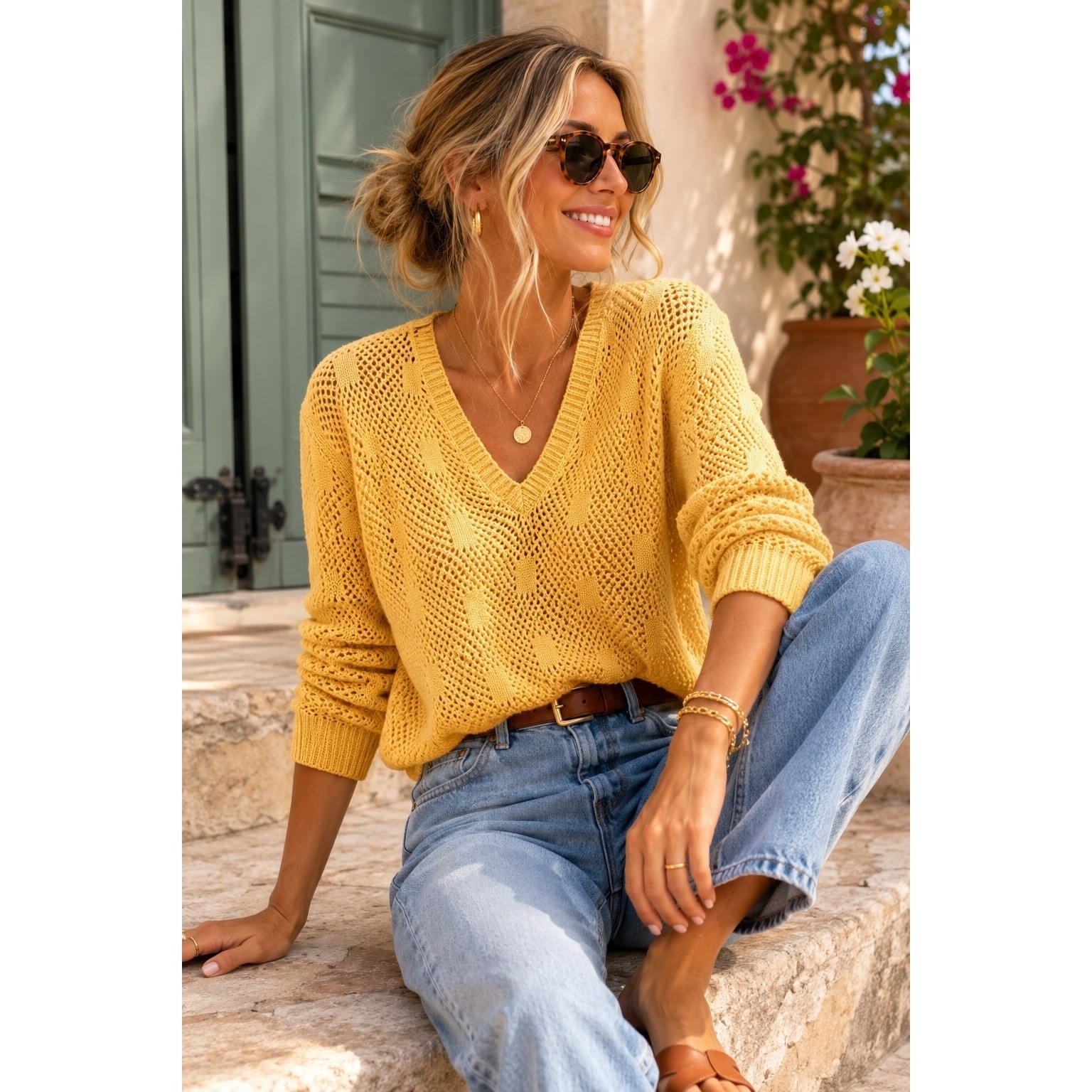 Vtg DiFini Butter Yellow Open Knit Sweater V Neck Pointelle Medium Coastal USA