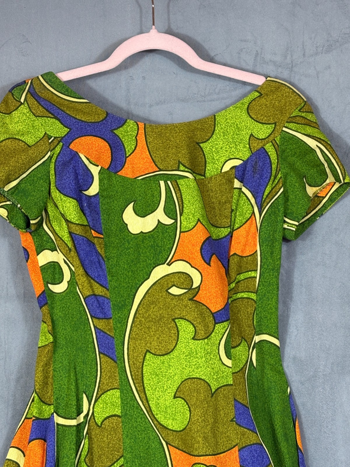 Vtg Ui Maikai Hawaiian Maxi Dress w/ Train Barkcloth 60s 70s Mod MCM Floral S