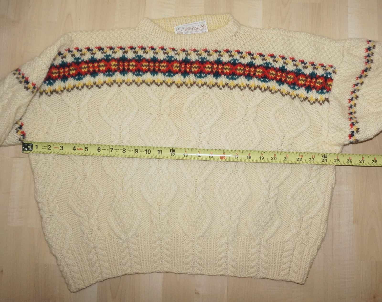 70’s Vintage INVERALLAN Cream & Multicolor 100% Scottish Wool Knit Sweater M/L