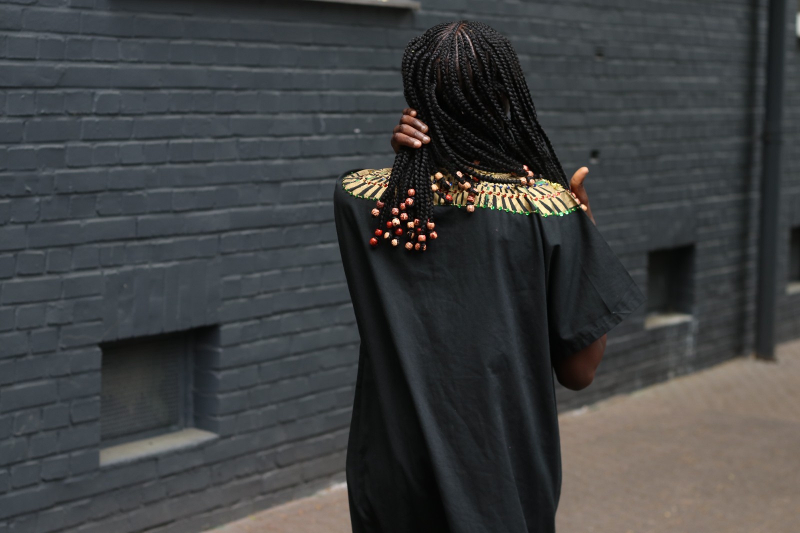 Vintage Egyptian Kaftan Black Gold Embroidered Maxi Dress 70s Boho Caftan