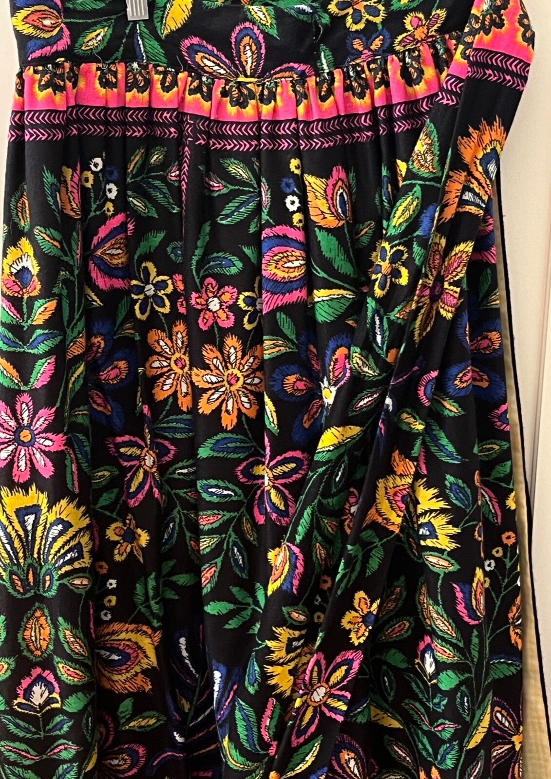 Vintage c. 1970 I. Magnin Floral Ethnic Neon Colors on Black Long Wrap Skirt