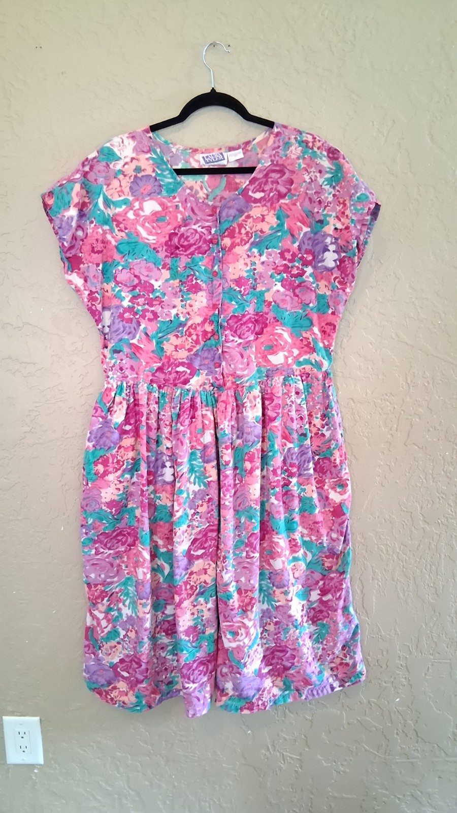 Vintage 80s Laura Tyler Cotton Floral Dress 2X Boho Cottagecore V Neck Mini