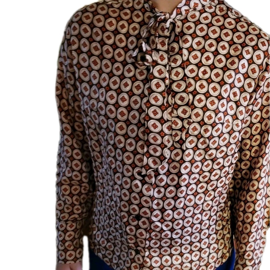 Vintage Bradley womens blouse tie neck retro 1970s floral brown circles S or XS