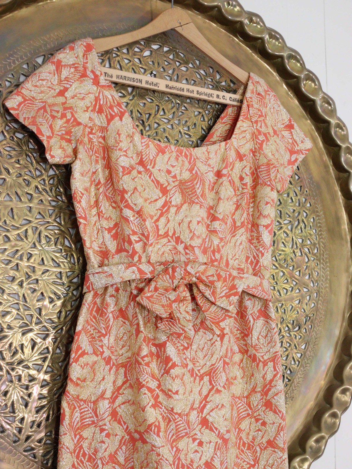 Vintage Ceil Chapman 1950s Designer Wiggle Dress Coral Pink Metallic Gold Rose