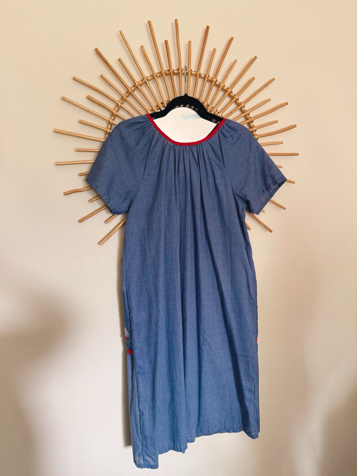 Vintage 1970s Plaza 9 Embroidered Strawberry Blue & Red Mumu Dress Size Medium