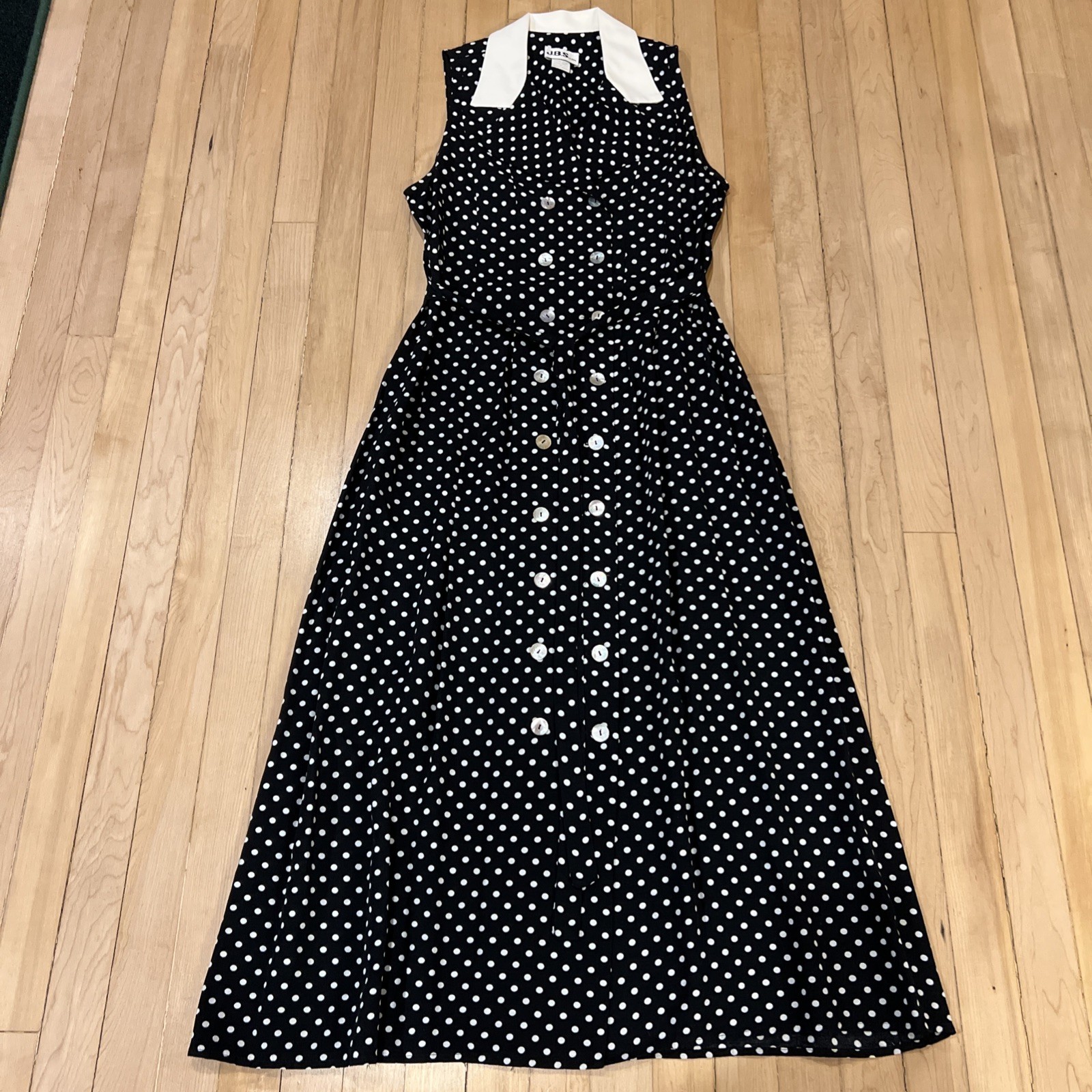 J.B.S. Ltd Black White Polka Dot Vtg Dress White Sailor Collar Sleeveless Sz 10