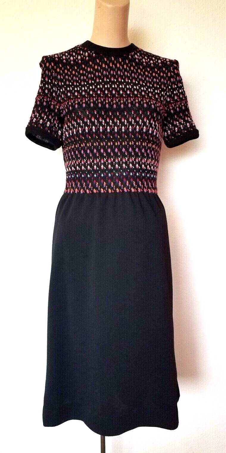 Vintage 70s LF PETITE LESLIE FAYE Black & Multicolor Knit Portion Dress Size S