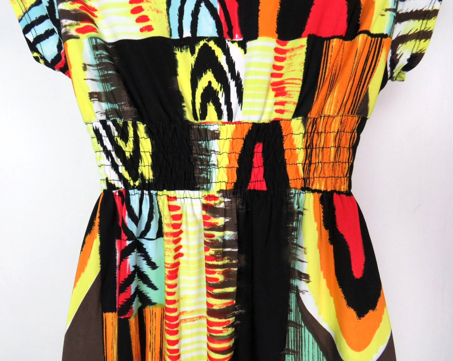 VTG 1990s MOD ABSTRACT COLOR BLOCK STRETCH DRESS OVERLAP BUST 30″ to 36″