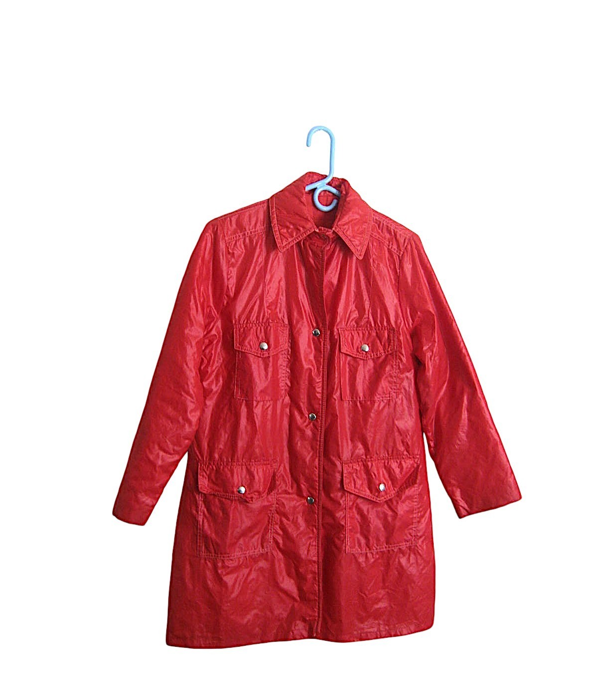 Red Mod Raincoat; Above-Knee With Pockets; Size 6-7 Nylon/All-Season