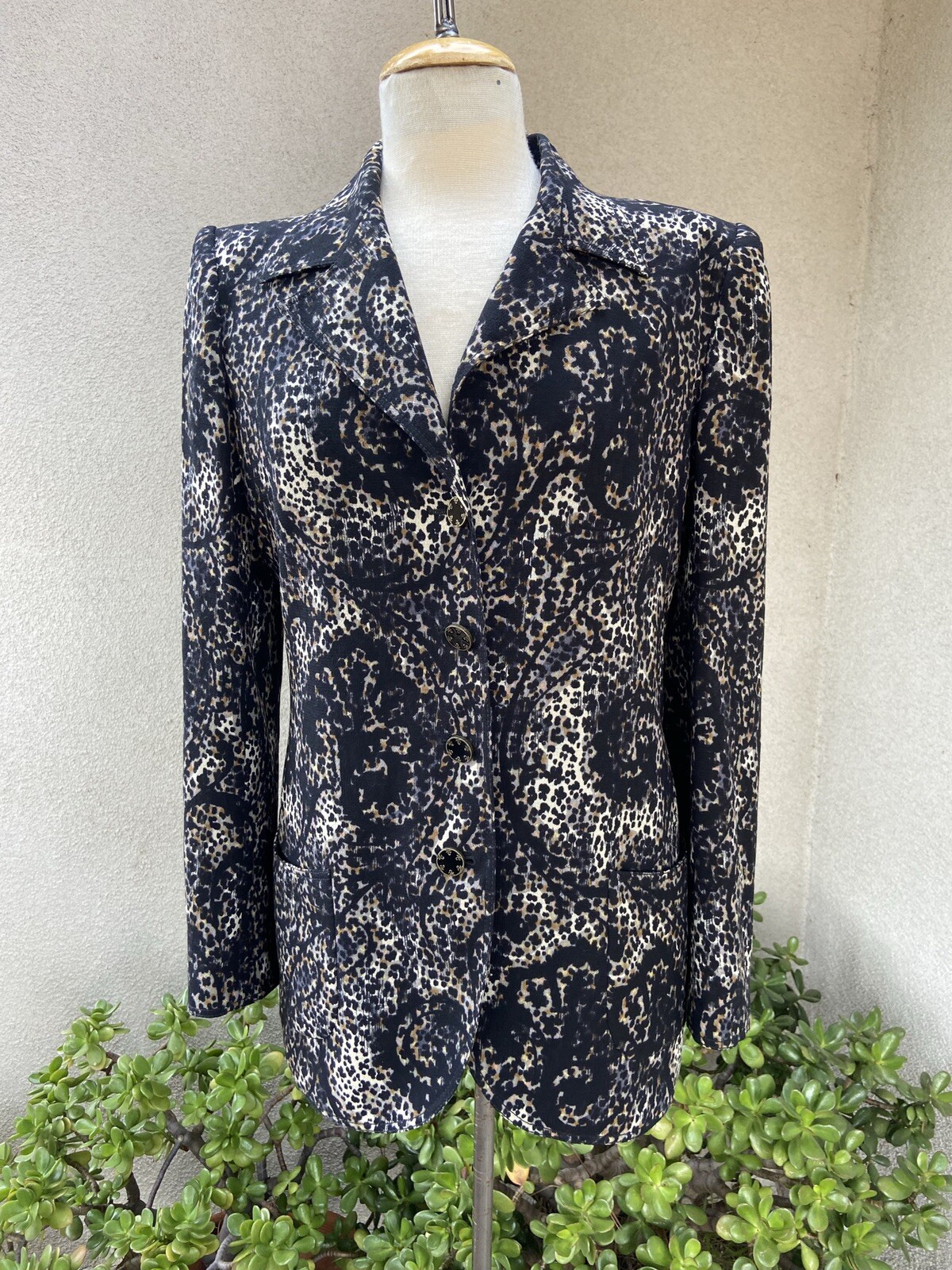 Vtg 80s Blazer Jacket Emanuel Ungaro blazer blk brown taupe Animal print sz 12