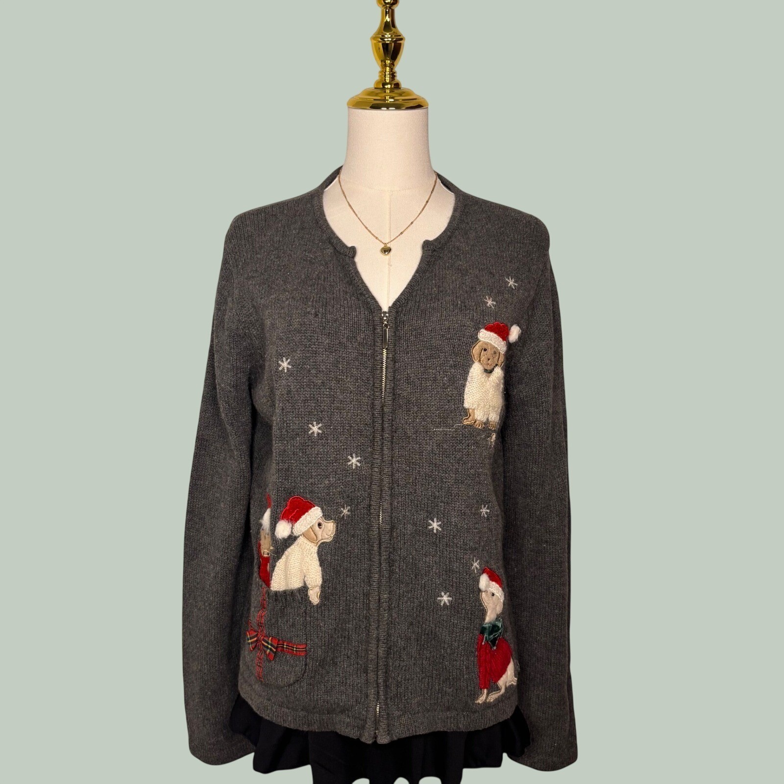 vintage 90s crazy horse liz clairborne ramie knit gray christmas puppy cardigan