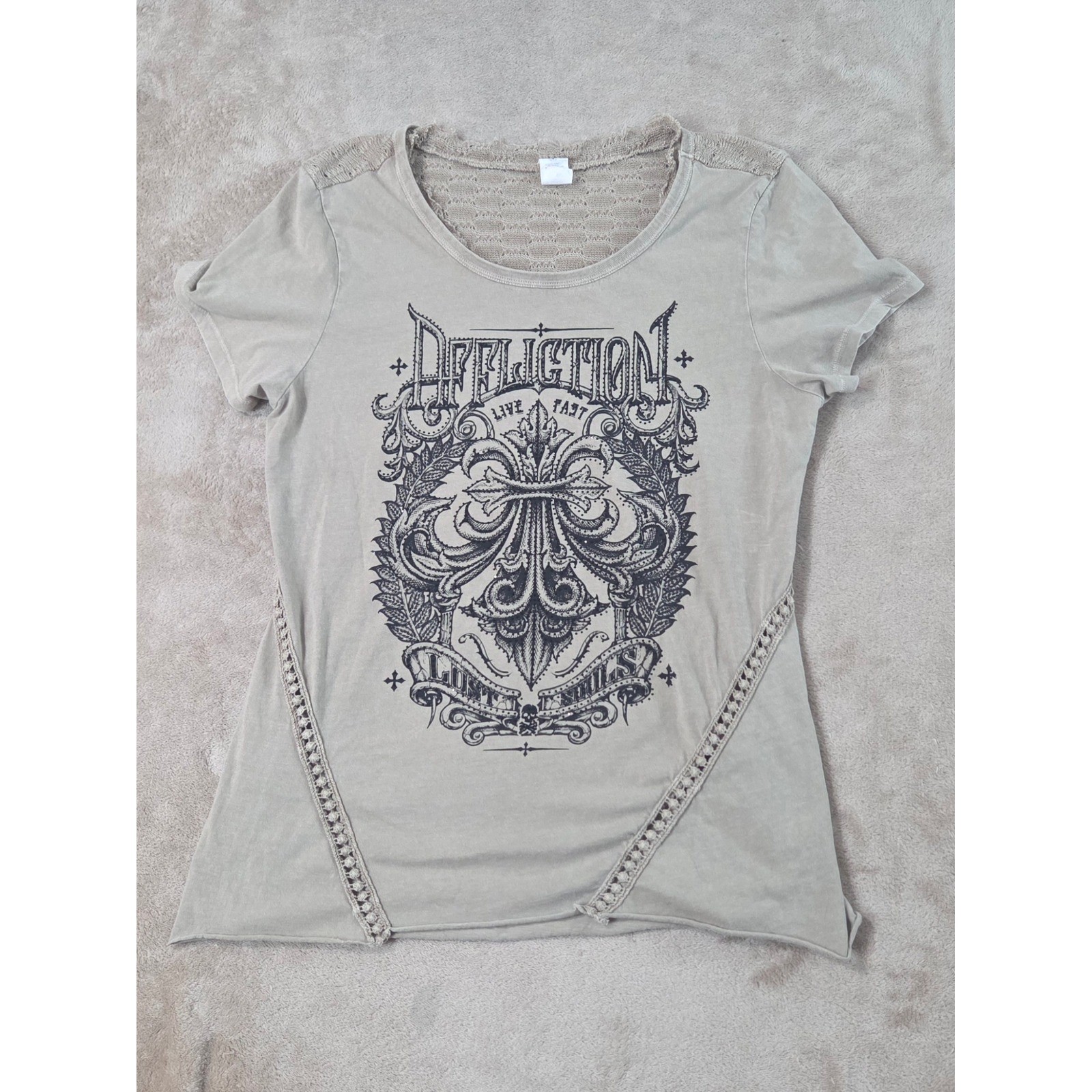 Affliction „lost Souls” Shirt Tops Womens XL Beige vintage Cotton Short sleeve