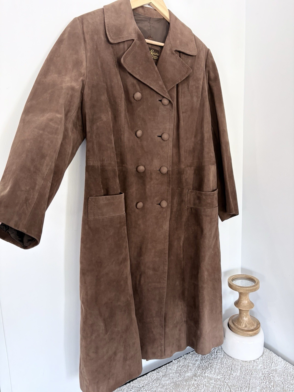 Vintage HERRERO Y RODERO Suede Leather Long Coat Button Sz L 60s 70s Barcelona