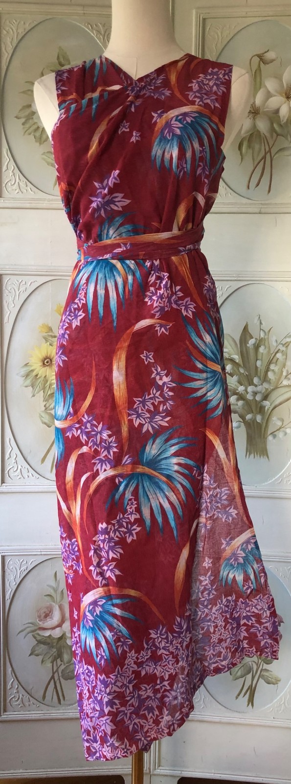 VTG COTTON VOILE SHEER MAROON RED ALOHA SARONG WRAP DRESS BEACH COVER UP FLORAL