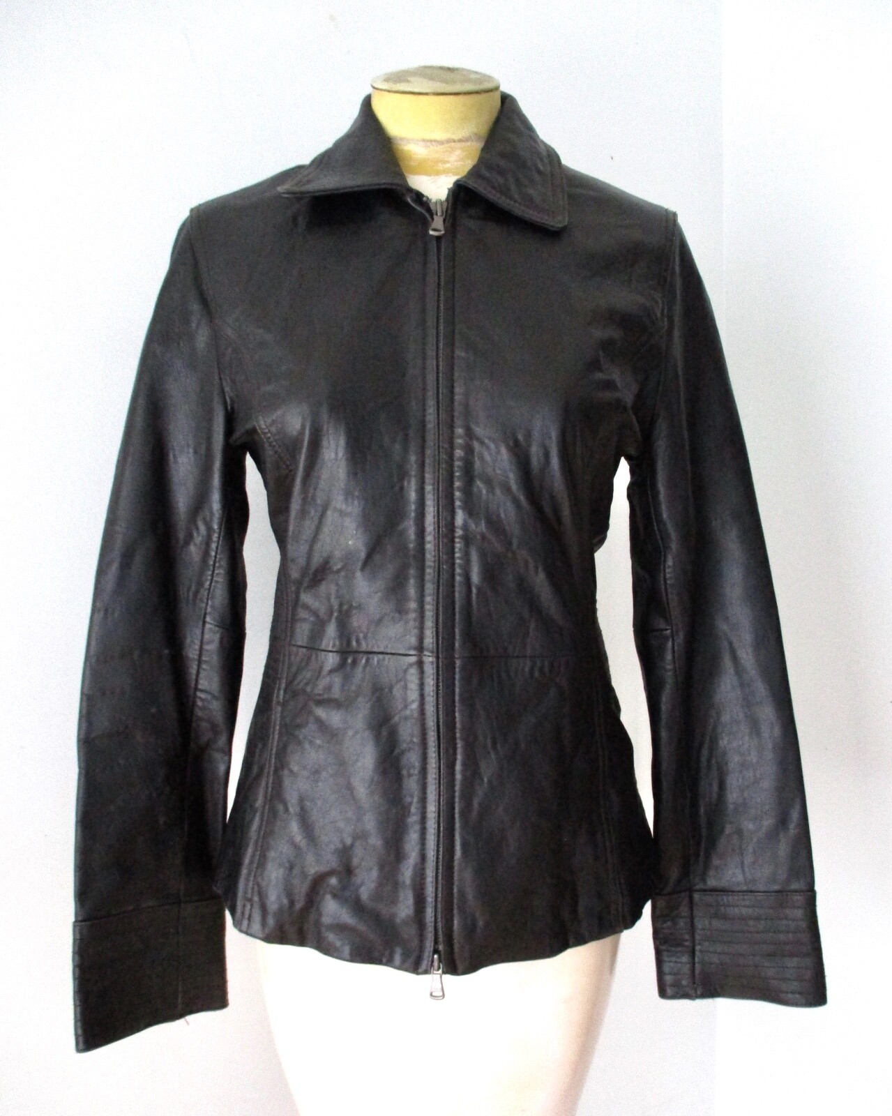 Vtg black lambskin leather zip blazer jacket hand pockets lined stitch details S