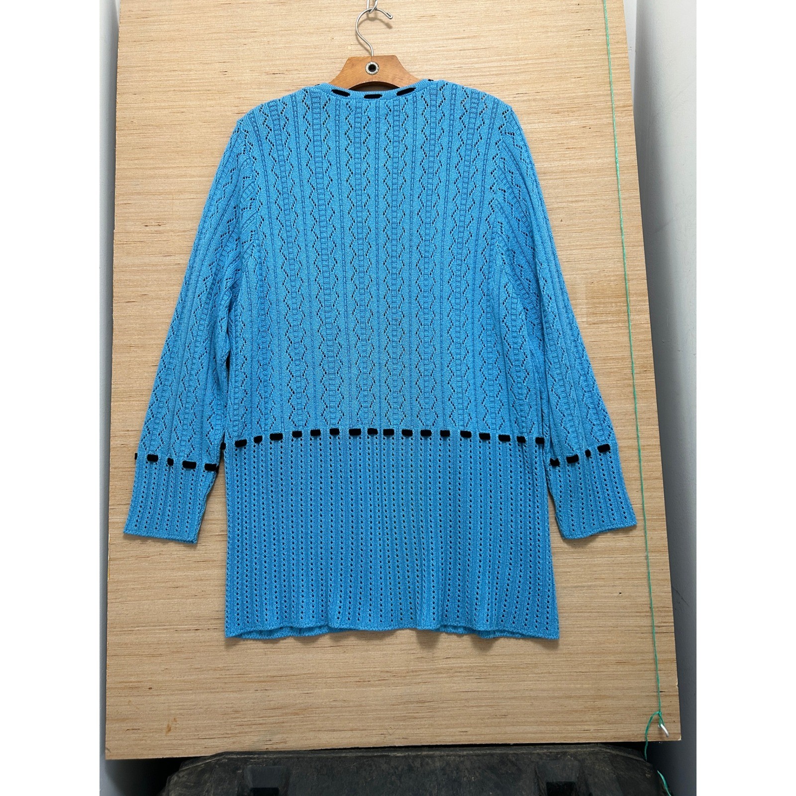 San Remo Vintage Blue Pointelle Knit Open Front Cardigan Black Ribbon Trim Large