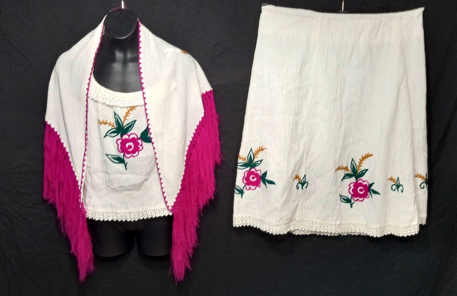 Mediterranean VTG Embroidered Floral & Fringes Women’s Outfit skirt top scarf