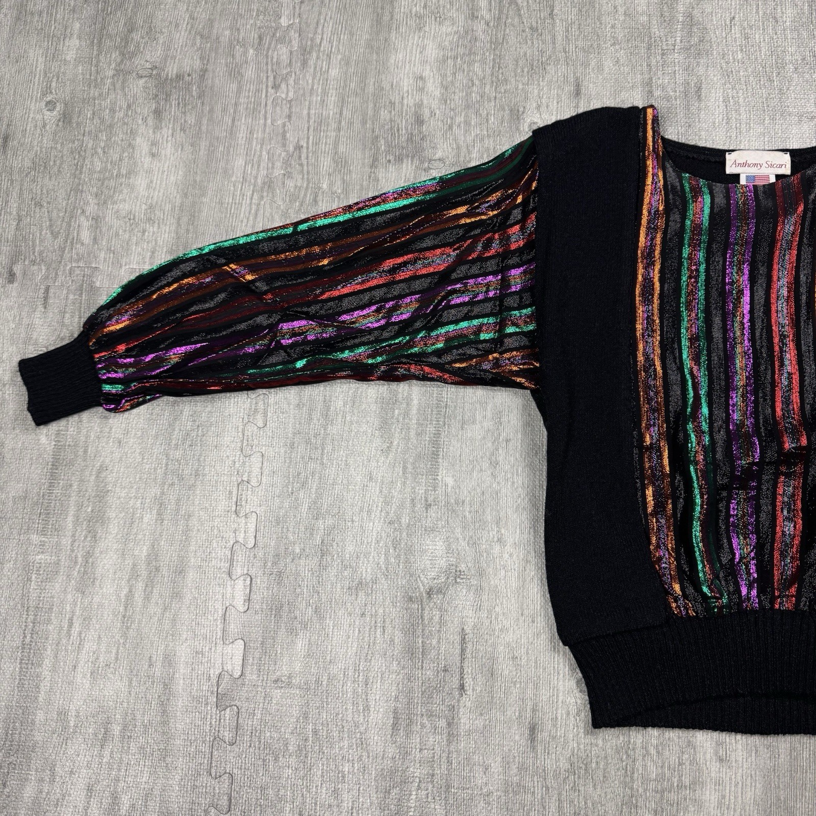 VTG 80S ANTHONY SICARI WOMENS KNIT TOP METALLIC STRIPED RETRO USA SIZE SMALL S