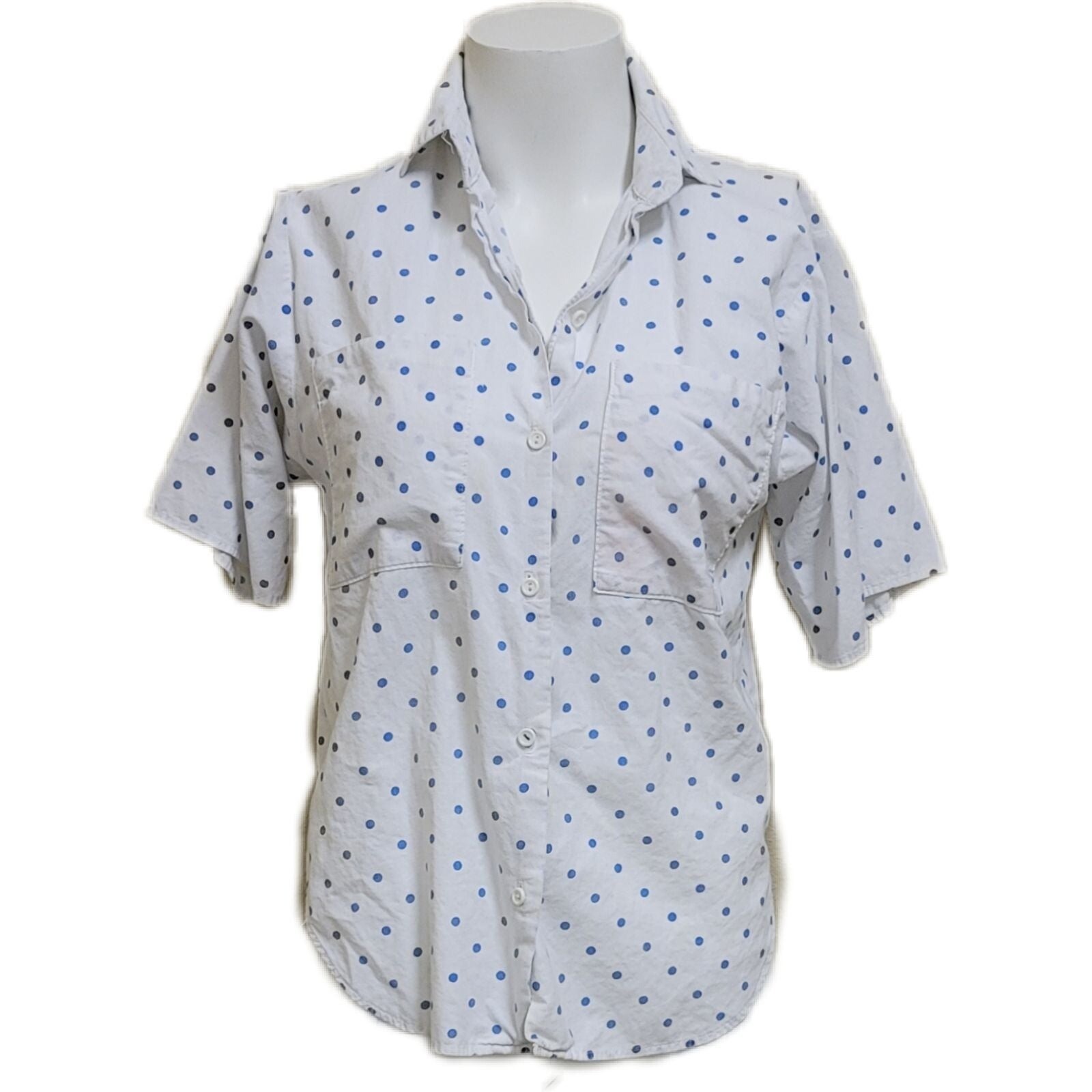 Vintage 80’s button up polka dot short sleeve retro white blue collared boyfrien