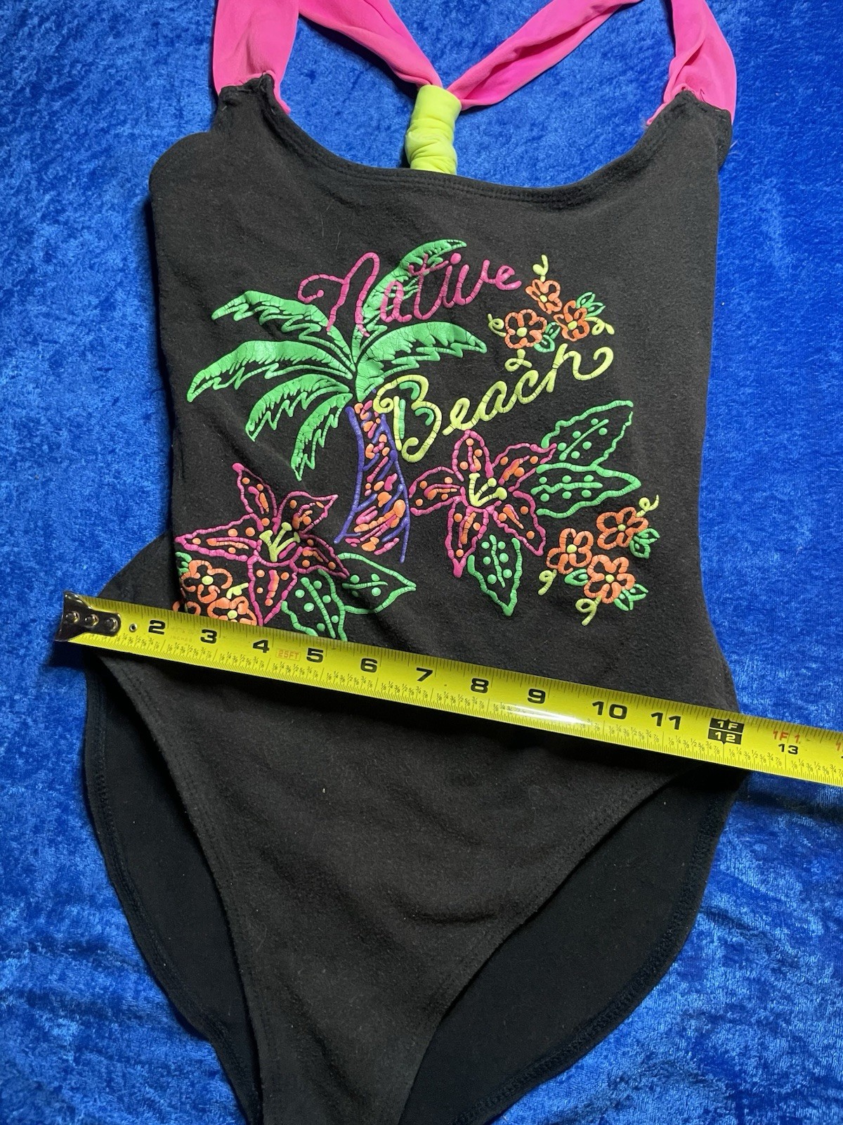 Vintage 80s 90s Native Beach Swimsuit Puff Paint Neon Pink Black Cotton Blend