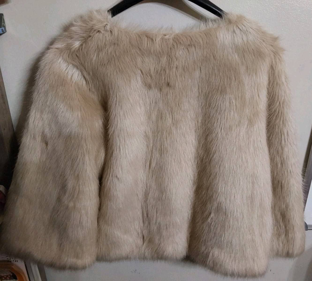 Stylus Faux Fur Elegant Hip Length Coat Cream Long Pile Size XL Casual Wear