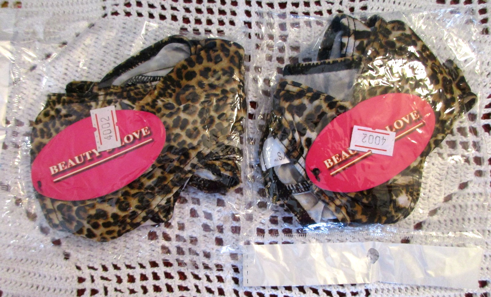 2 Beauty’s Love Thongs ~ Leopard Print Nylon/Spandex ~ One Size ~ New in Package