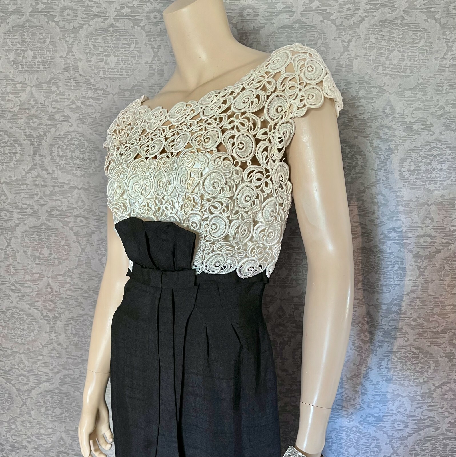 1950s Colin Originals Inky Black, Ivory Wiggle Dress, Lacy Bodice, Petite , VLV