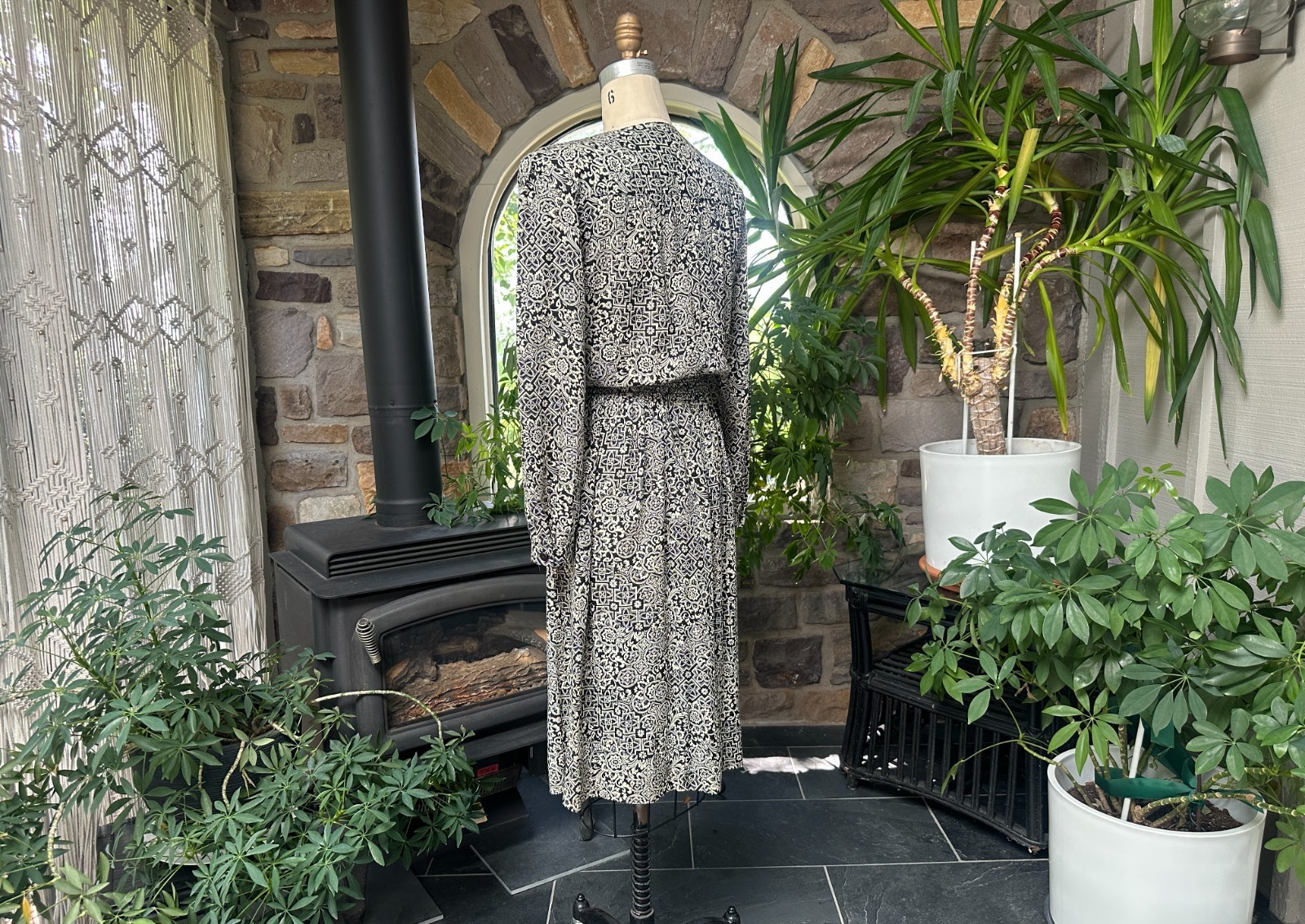 Vintage 1980s Vintage Black and Ivory Rayon Dress Taurus II