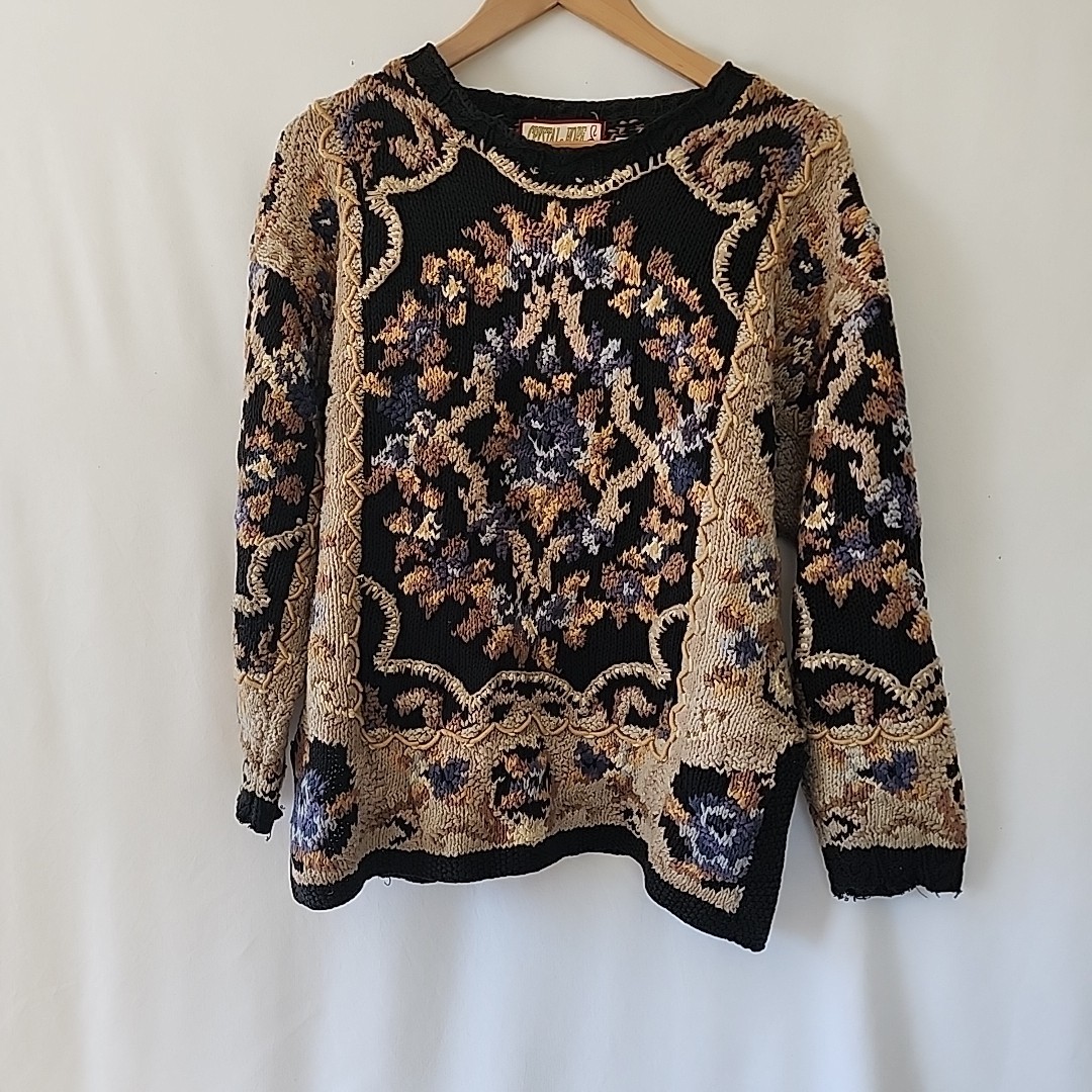 Vintage Crystal – Kobe Hand Knit Floral Grandma 80s Sweater Sz LG Cotton,Ramie