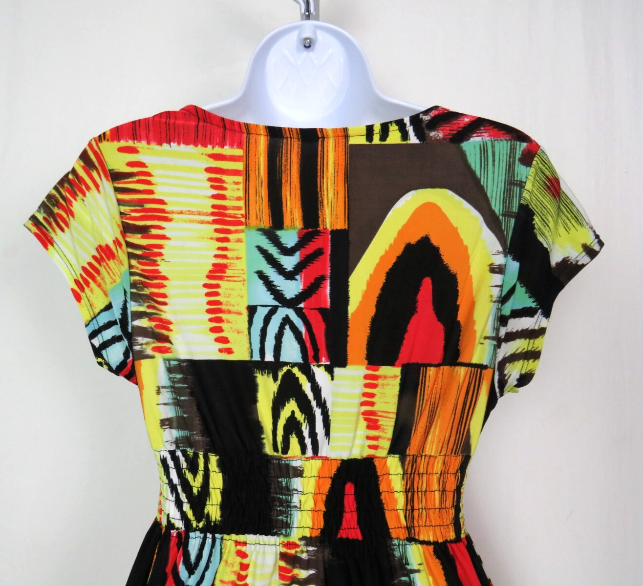 VTG 1990s MOD ABSTRACT COLOR BLOCK STRETCH DRESS OVERLAP BUST 30″ to 36″