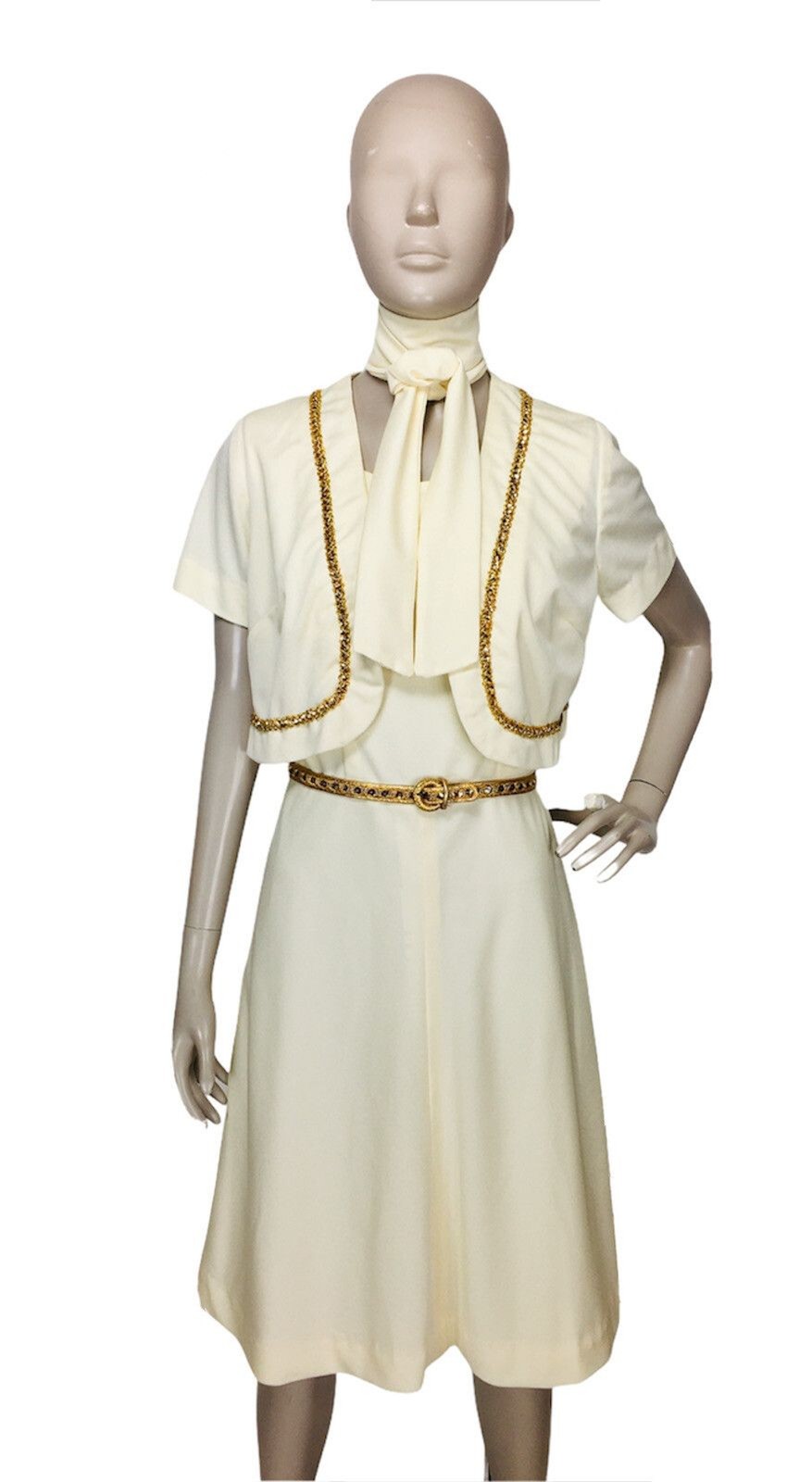 Vintage 60s Ivory & Gold Belted Dress Bolero Jacket Head Scarf 4 Piece Set