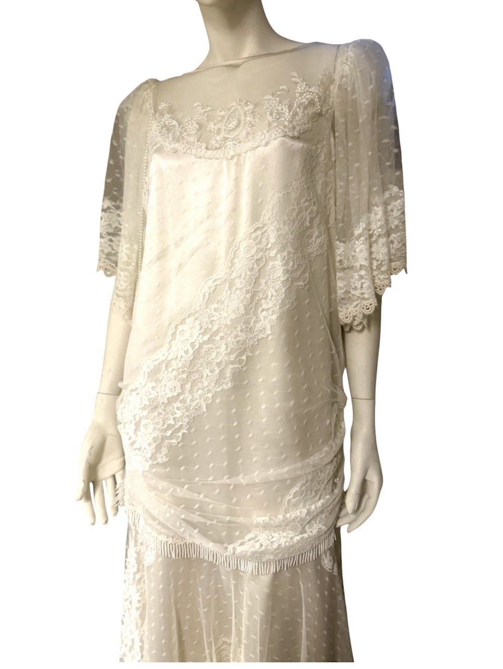 Vintage 80s Lorrie Kabala Lace Dress Bell Sleeve Boho Bridal New Size S M 8 Prom