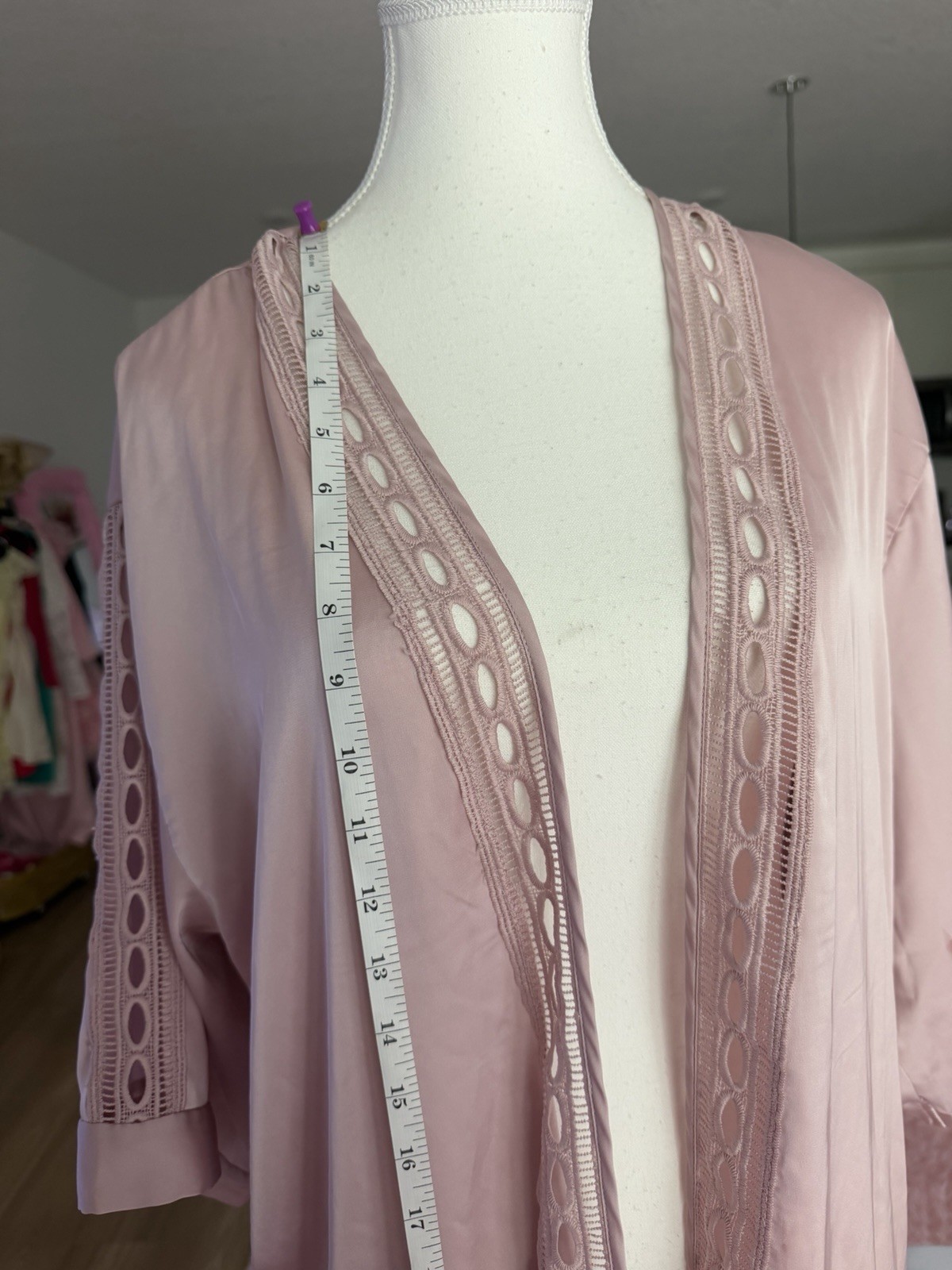Vintage Pink satin robe with lace trim and diamond-shaped lace panel on the back