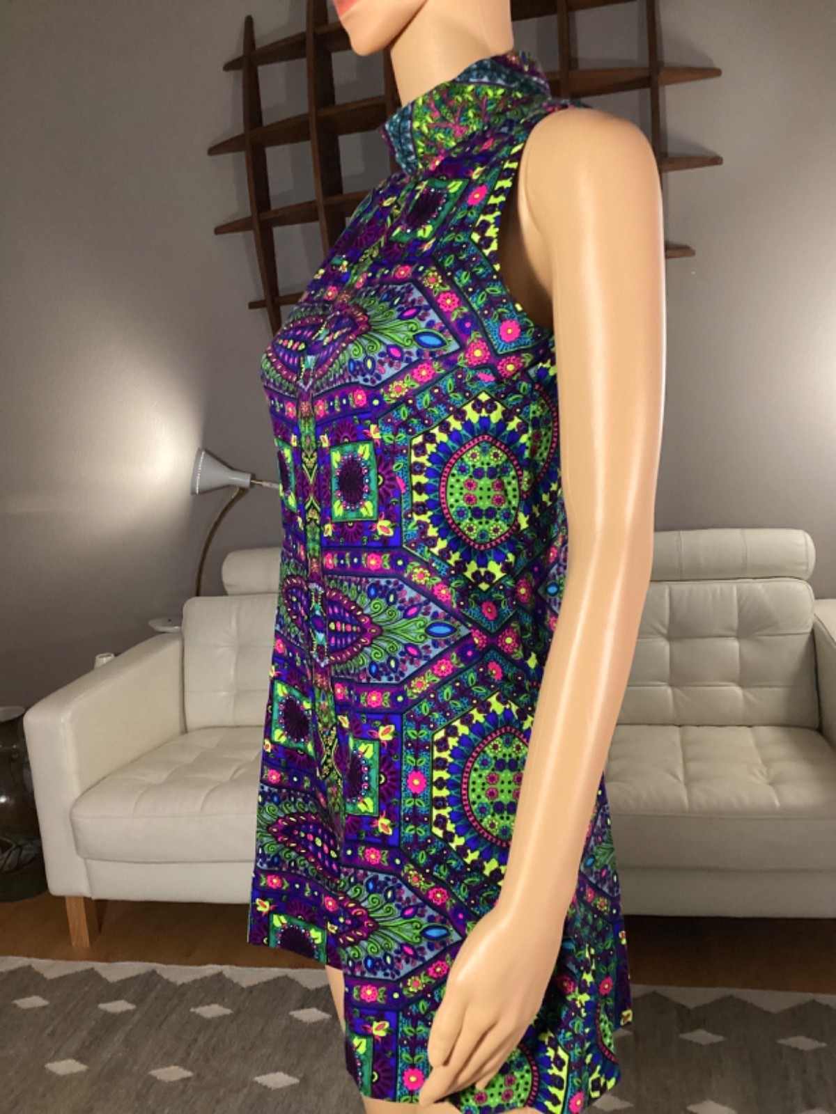 Vintage 60’s 70’s Wild Psychedelic Mini Dress Flower Power Mod Go-Go S