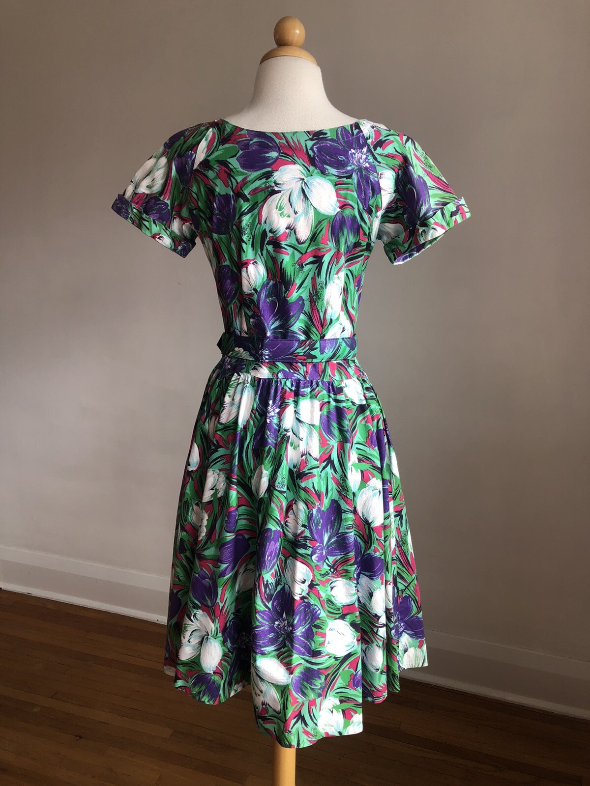 STUNNING VTG S.L. PETITES Floral 100% Cotton Belted Dress SZ XS/S