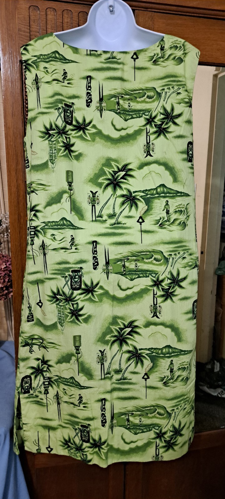 Vtg 60s Hawaiiana Sheath Dress Green Tiki Surfers Made In Hawaii Medium
