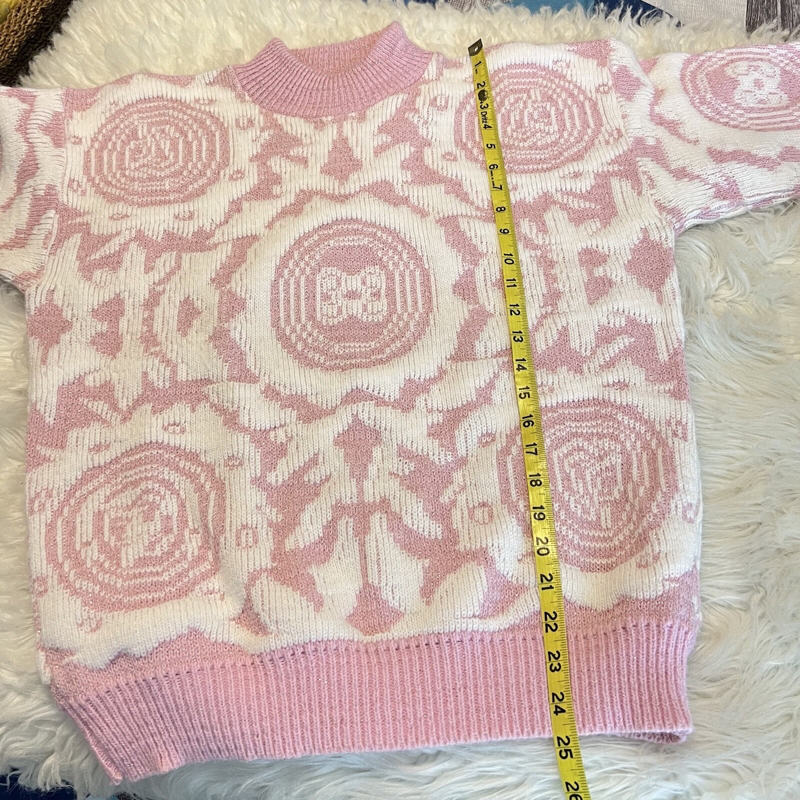 Vintage 80s 90s Cheryl Pink & White Geometric Sweater Approx Large Fairy Kei