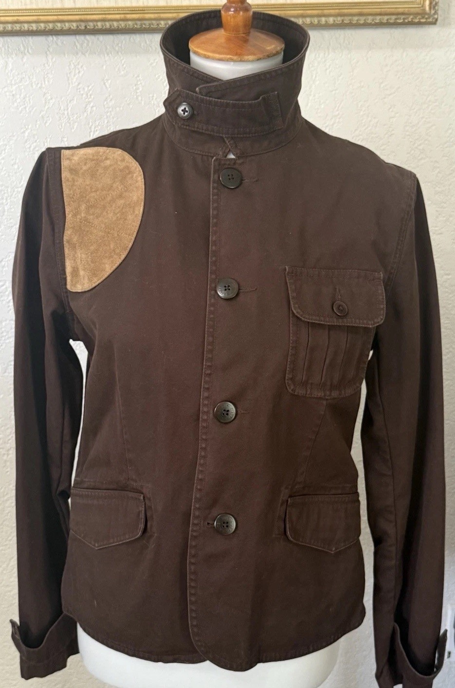 Vintage Ralph Lauren Army Brown Utility Riding Jacket Blazer Cotton Calf Suede 8