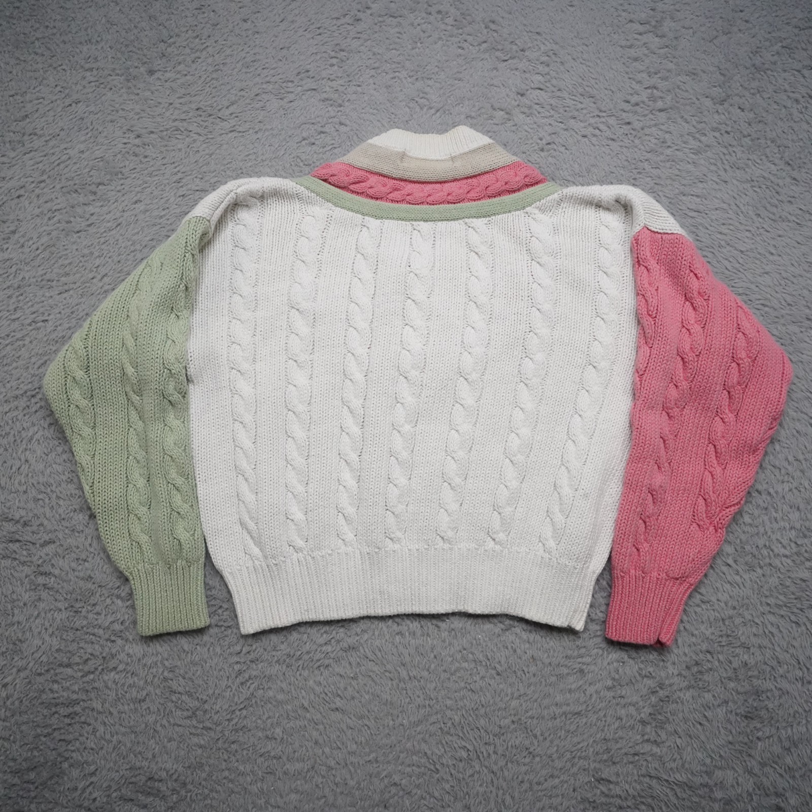 Vintage V Neck Sweater Womens M Pink Green CableKnit Preppy Tennis Raimie Cotton